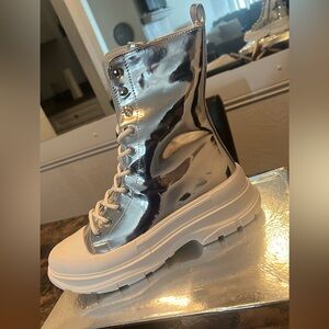 AZALEA WANG KHAZA SILVER MIRROR LACE UP COMBAT BOOTIE